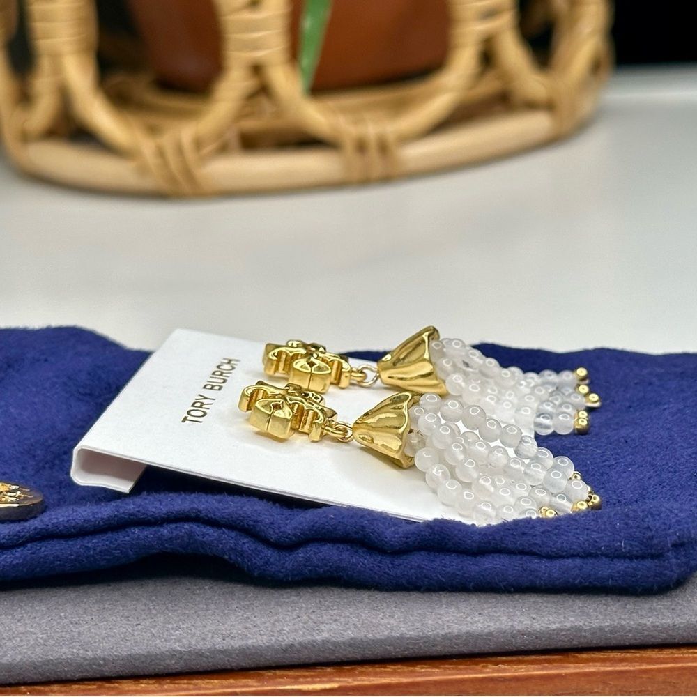 Tory Burch Roxanne Tassel Earrings Gold-Plated Brass Clear Beaded Drop 2.25” - Picture 4 of 8